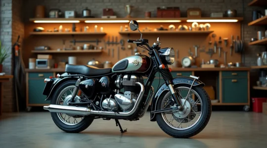 Une moto de collection classique dans un atelier de restauration professionnel, avec des outils et des pièces détachées organisées, symbolisant la préservation du patrimoine motocycliste
