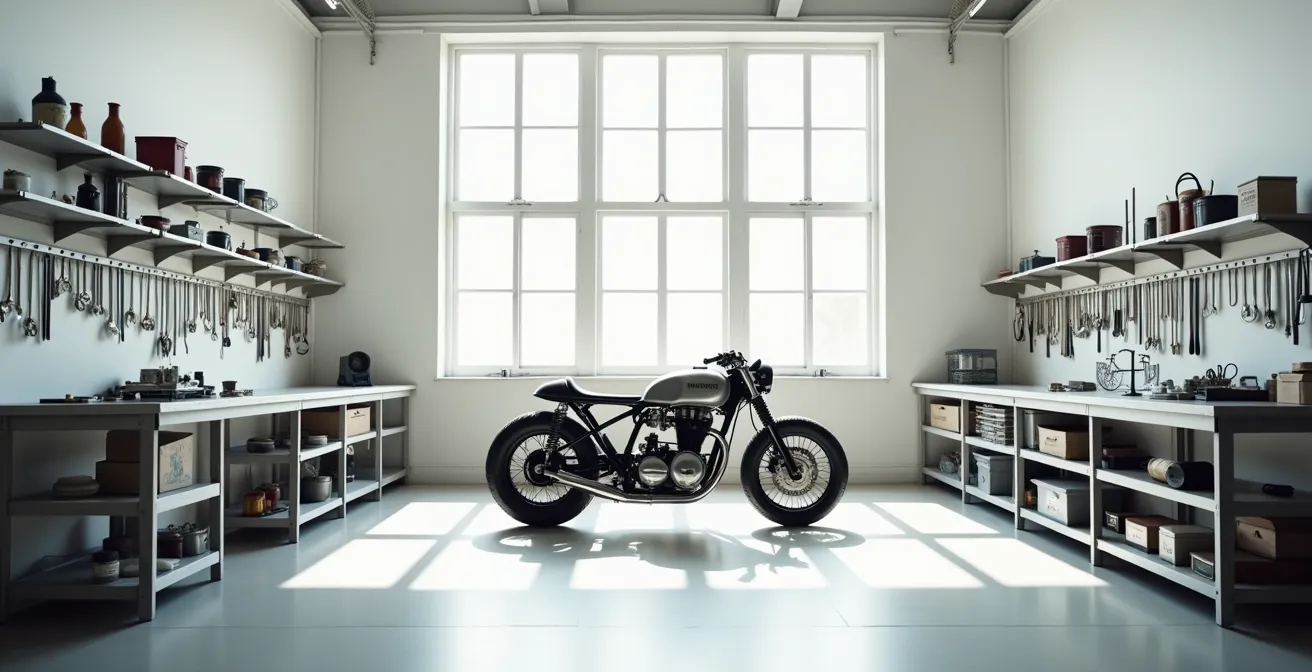 Vue environnementale minimaliste d'une moto partiellement restaurée dans un atelier blanc épuré, avec outils suspendus et pièces détachées organisées, symbolisant le processus de restauration patrimoniale