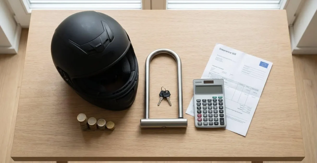Un casque intégral et un antivol en U posés sur une table avec une calculatrice, symbolisant l'économie sur l'assurance.